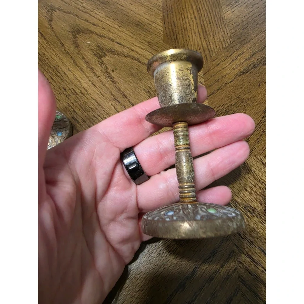 Vintage Brass Candlestick Holders Set of 2 Ornate Enamel Detail Weathered Patina